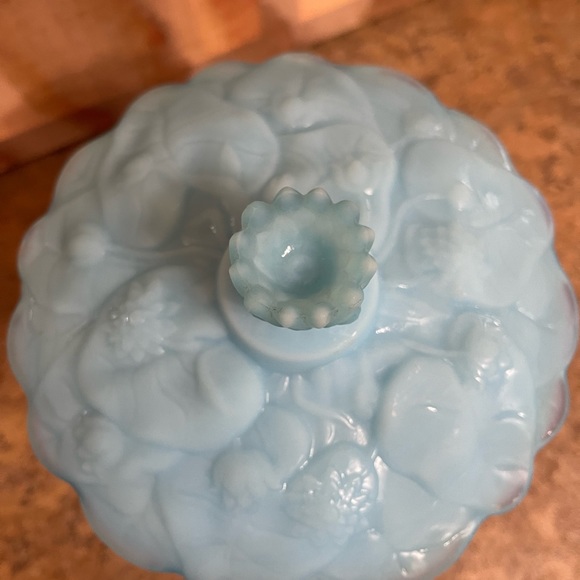 Fenton Water Lily Milk Glass, Blue Satin Custard Pedestal Candy Dish - Picture 7 of 15
